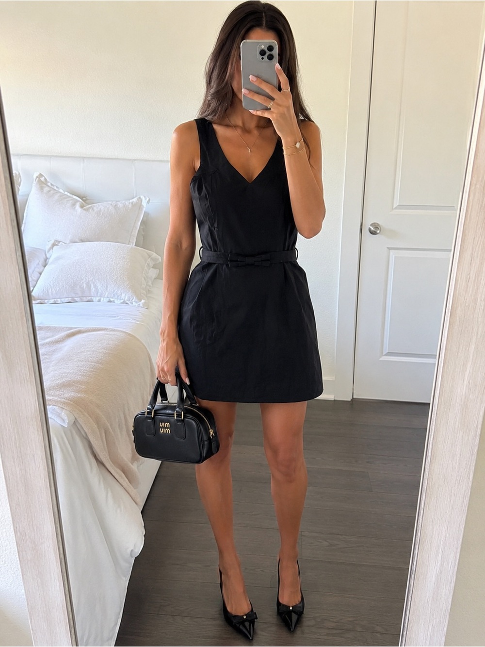 Miu Miu Black V-Neck Sleeveless Mini Dress with Waist Belt